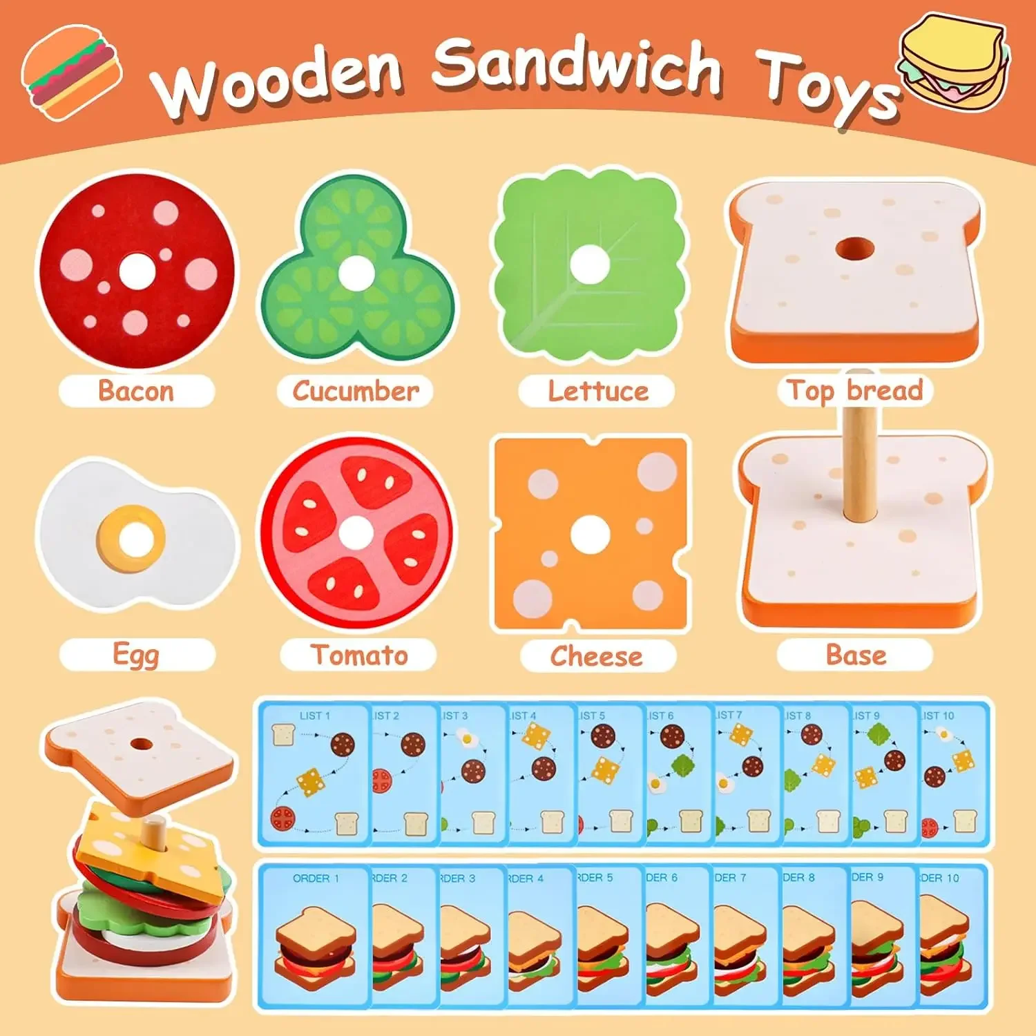 Montessori Toys for 2, 3 Year Old, Wooden Burger Sandwich Stacking Toys for Toddler Educational Toys Fine Motor Skills Foods Pre
