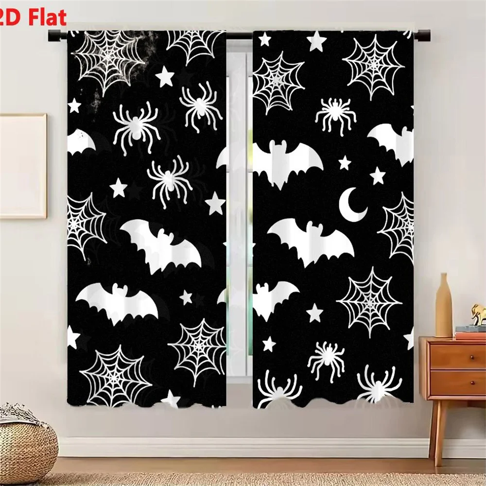2Pcs Curtains 2D Flat Halloween Spooky Pattern With White Spiders Spider Webs Bats Stars And Crescent Moon On Black Background R