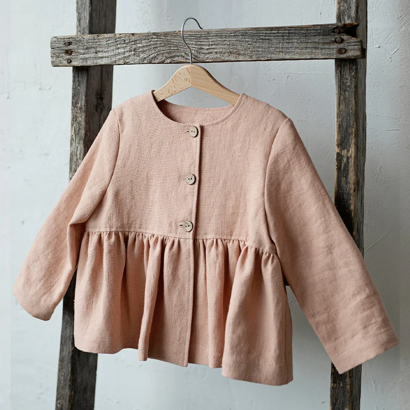 Autumn New Cotton And Linen Long-Sleeve Girls\' Shirts Retro Ruffled Round Neck Casual Linen Children\'s Blouse Kids Tops TZ154