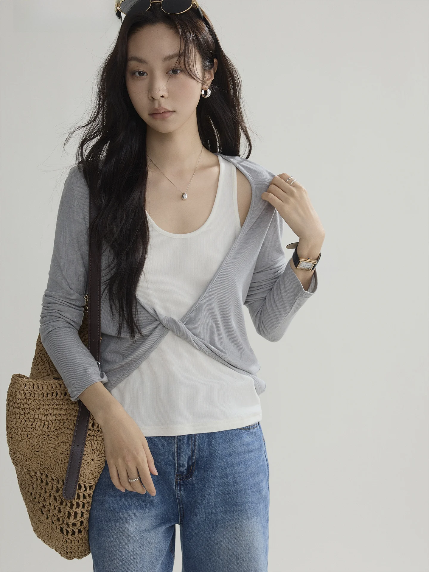 

Joli Choose Women's Loose Long Sleeve Top Knot Design Casual Versatile Two-Piece Set Slimming Effect Comfortable Fit T-Shirt