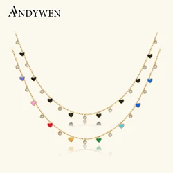 ANDYWEN 925 Sterling Silver Gold Bohemia CZ Rainbow Heart Charm Choker Necklace 2023 Spring Chrismas Jewelry For Women Party
