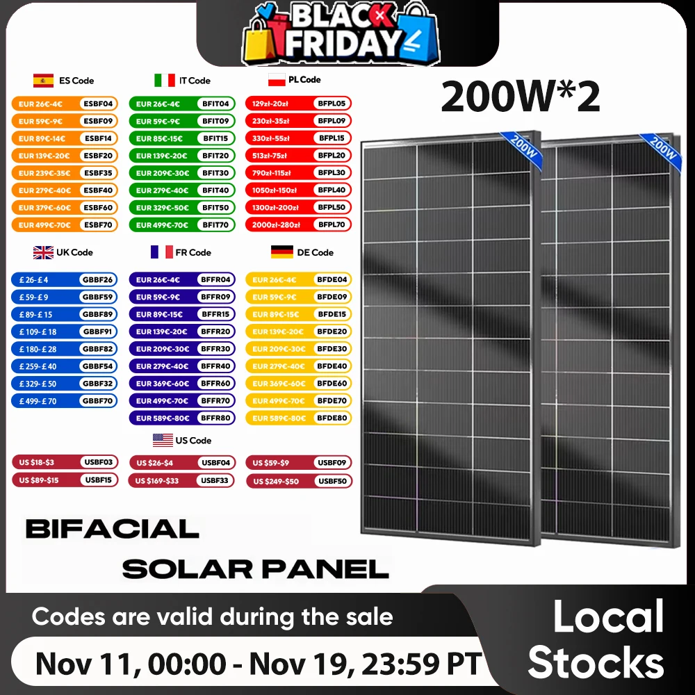 RVPOZWER 400W/200W 12V panneau Double face panneaux de systèmes solaires monocristallins 16BB cellules solaires alimentation PV pour bateau sur le toit à la maison