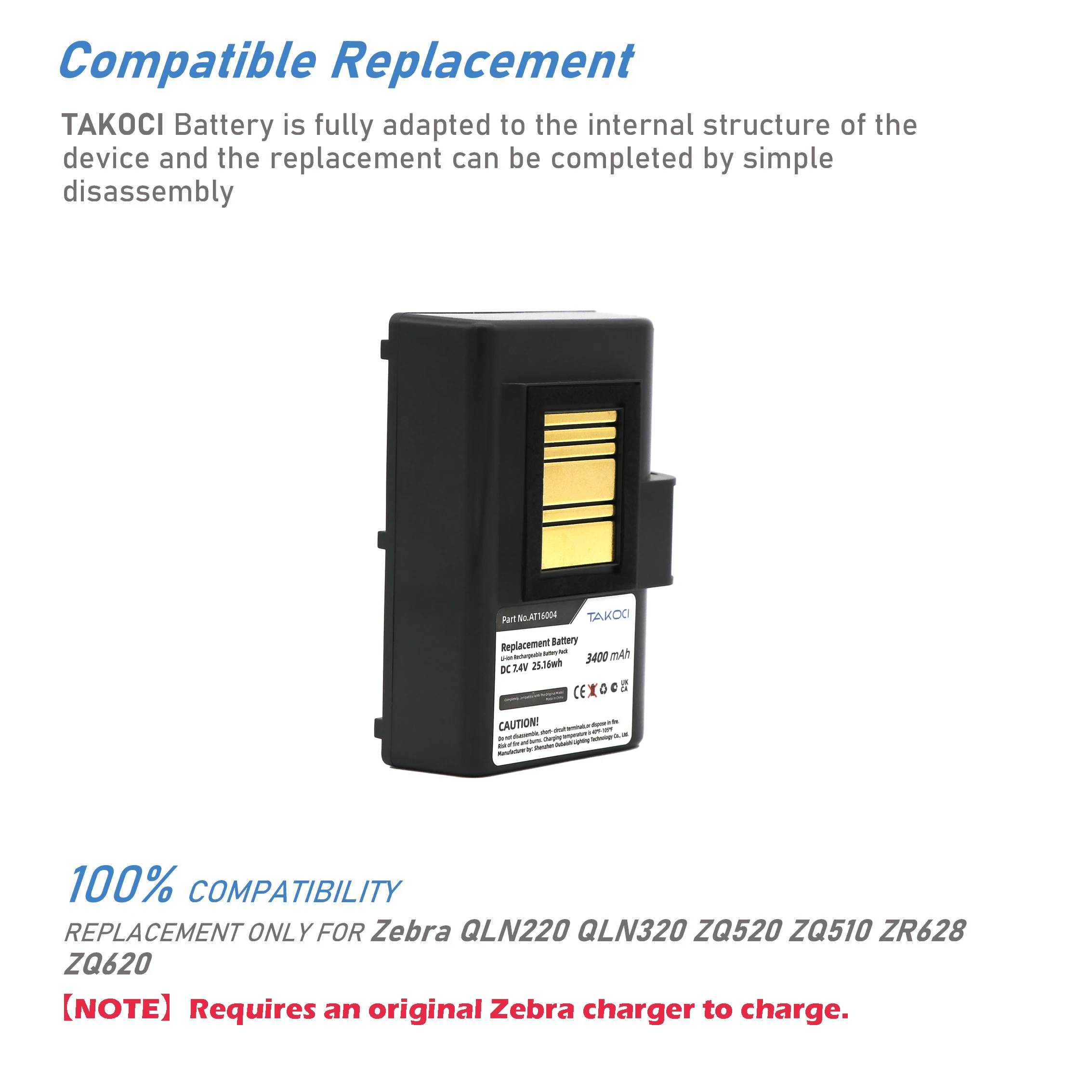 Replacement Battery for Zebra  QLN220, QLn220HC, QLN320, QLn320HC, ZQ500, ZQ510,ZQ520, ZQ521,ZQ610,ZQ610HC,ZQ620, ZQ620HC,ZR628