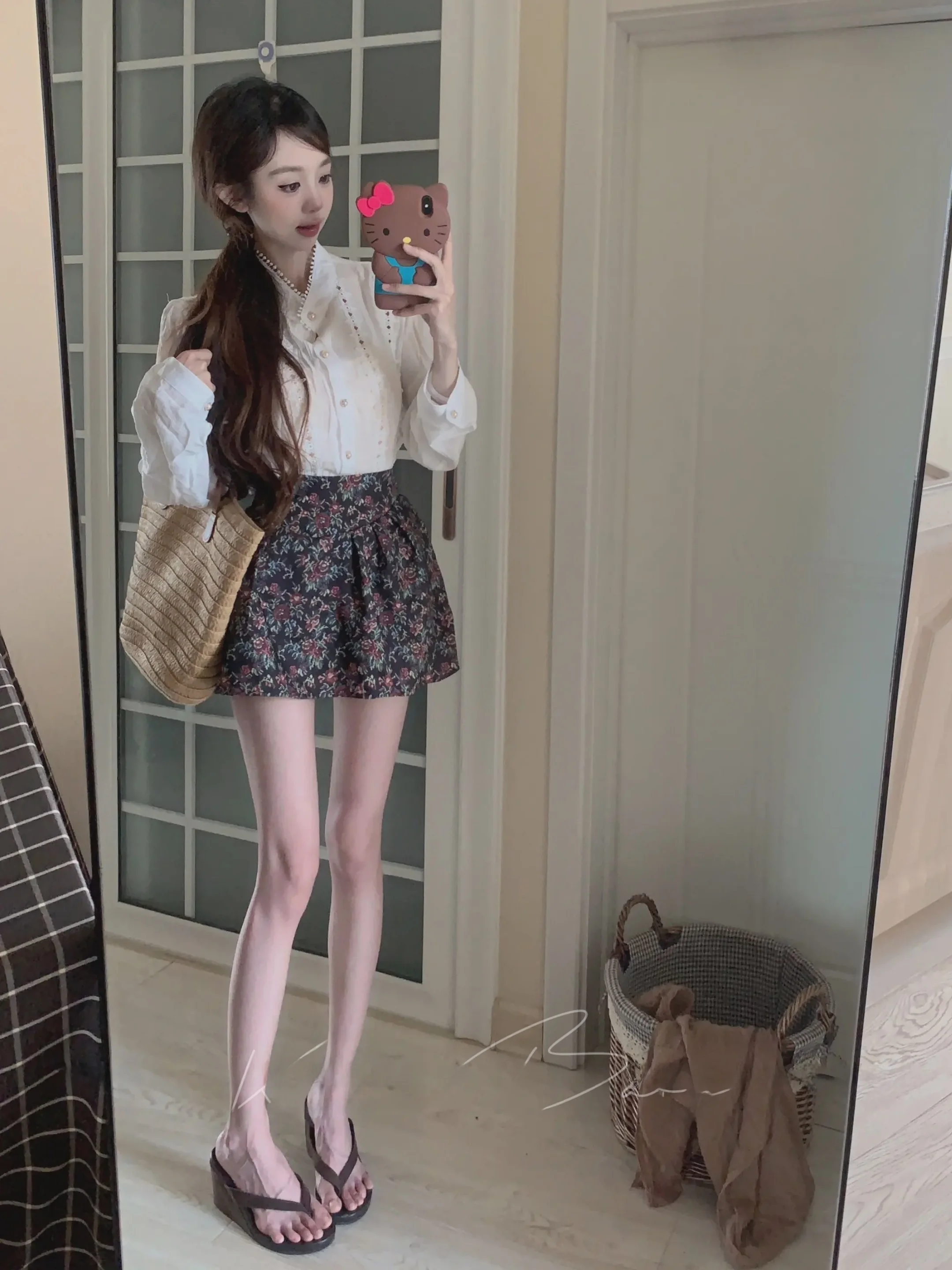 Korean Style Elegantly Embroidered Long Sleeve Button up Shirt And Half Skirt Two Piece Set with Hook Flower Design Stand Collar