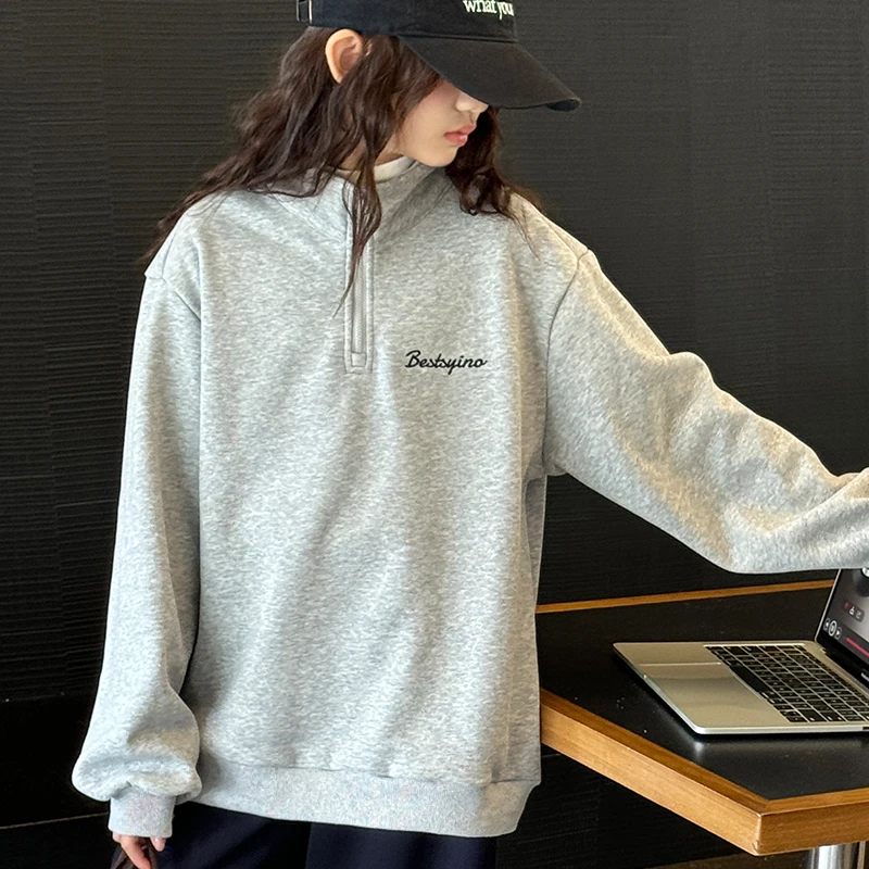 Girls' Thickened Velvet Hoodie for Autumn Winter Casual Loose Fit Half Zipper Integrated Velour Children's Fashion