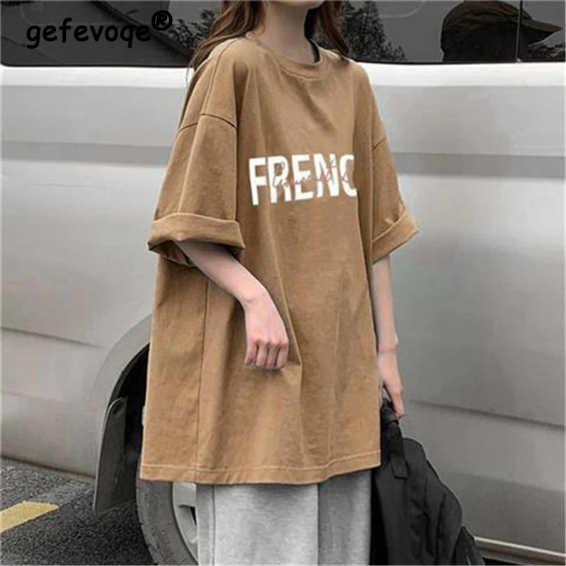 

Simple Casual Letter Print Oversized Streetwear Cotton Tee T Shirts Femmes Summer Fashion Women's Short Sleeve Tops Clothing2023