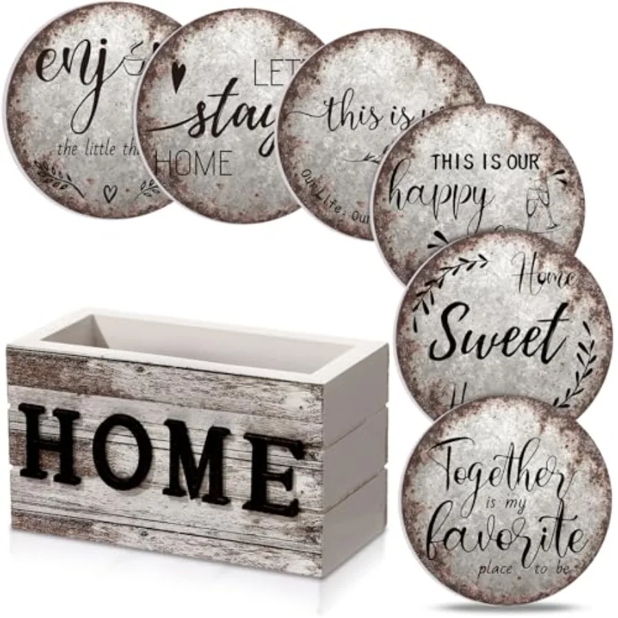 

Coasters Set of 6 House Warming Gifts New Home en Drink Coasters with Holder 4'' Funny Decoration for Kitchen Family Coffee Bar