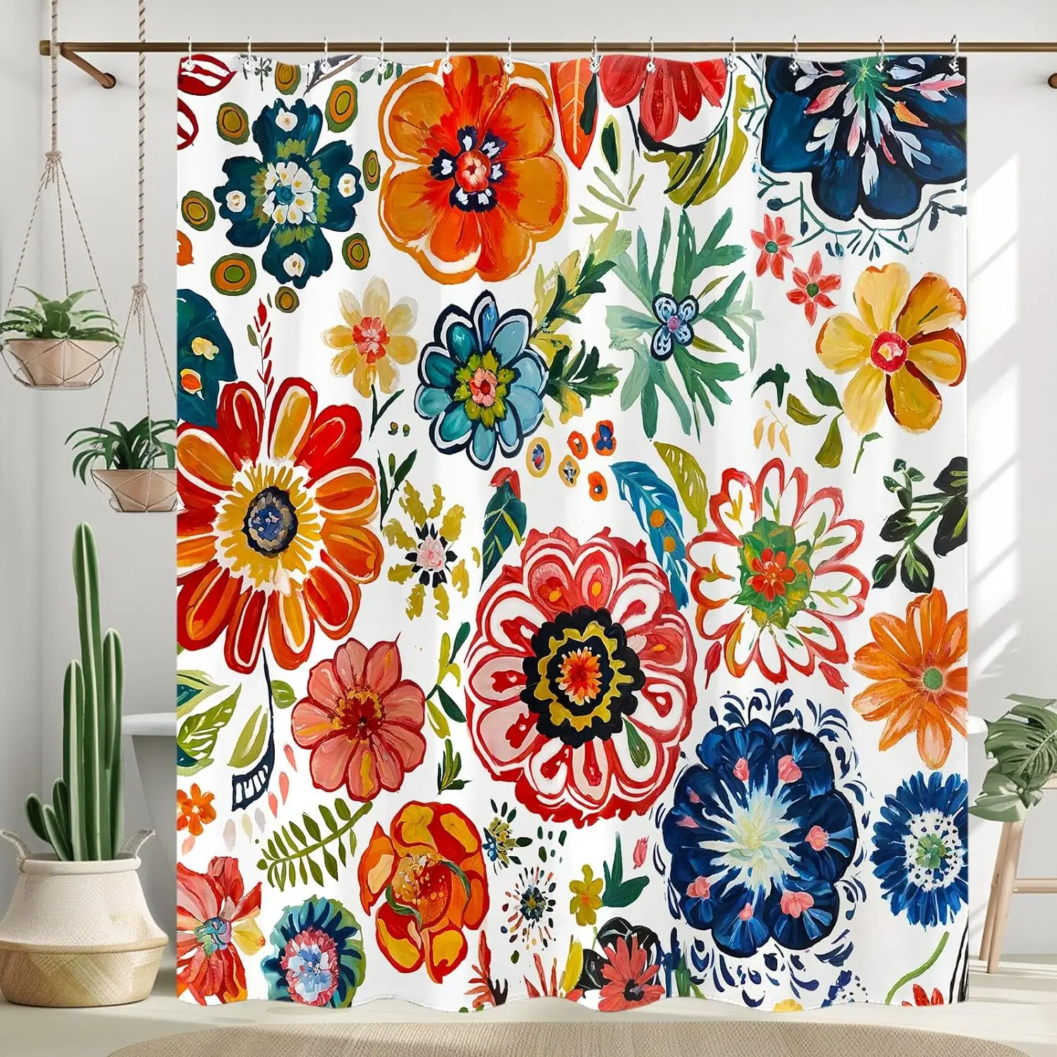 Colorful Boho Floral Shower Curtain Oil Painting Flowers Green Leaf Plant Spring Bathroom Decor Retro Polyester Bathtub Curtain