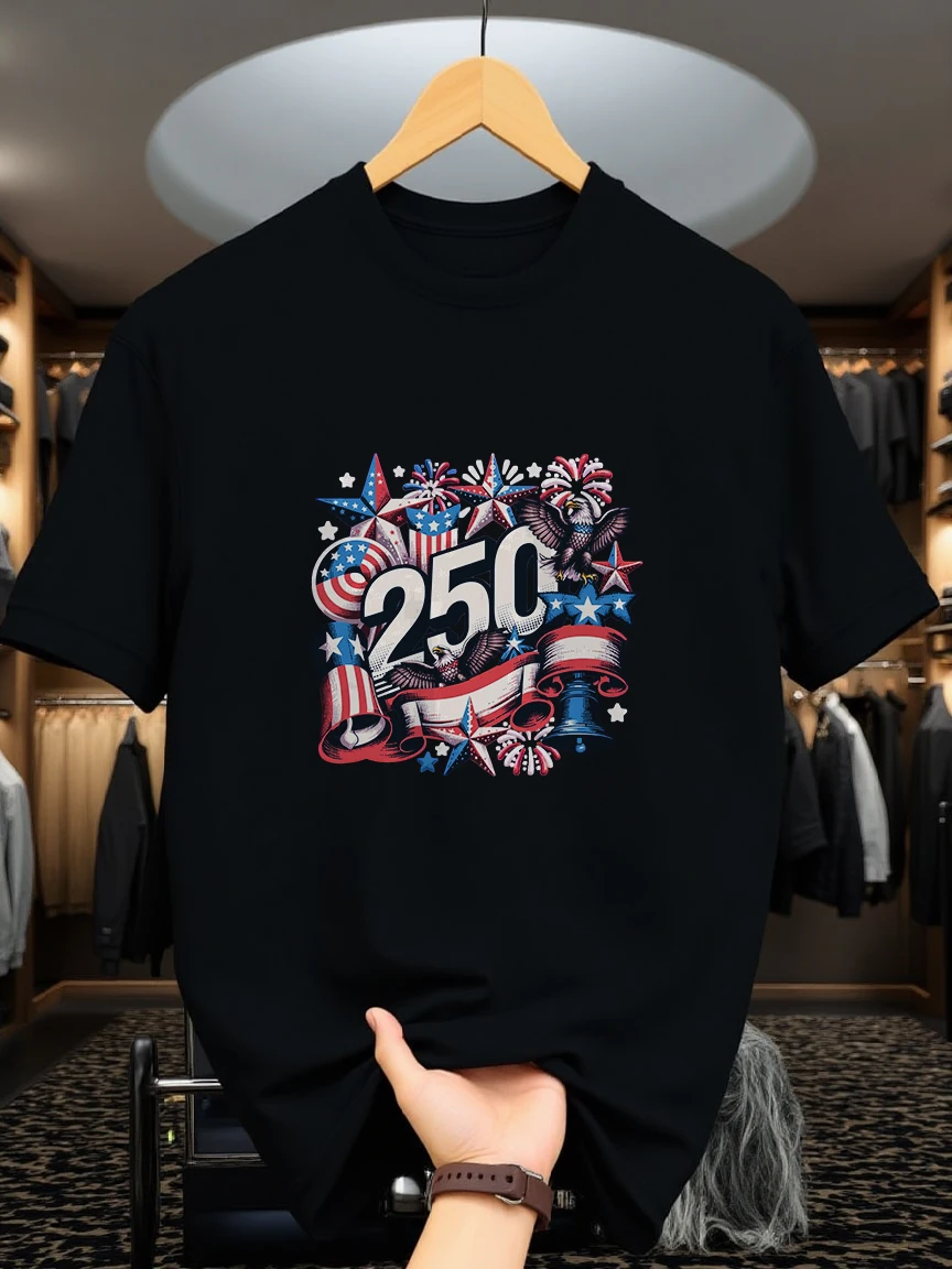 Men's Short-Sleeve T-Shirt, American Patriotic Style, 250Th Anniversary Totem Design, Trendy and Unique Independence Day Elements, Comfortable and Versatile Breathable Fabric, Comfortable to Wear, Showcasing Unique Charm