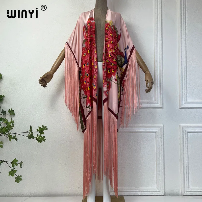 Imagem -06 - Winyi-áfrica Kimono Cover-ups Boho Peacock Print Biquíni Encobrir Moda Elegante Cardigã Férias Sexy Borlas Maxi Dress Verão