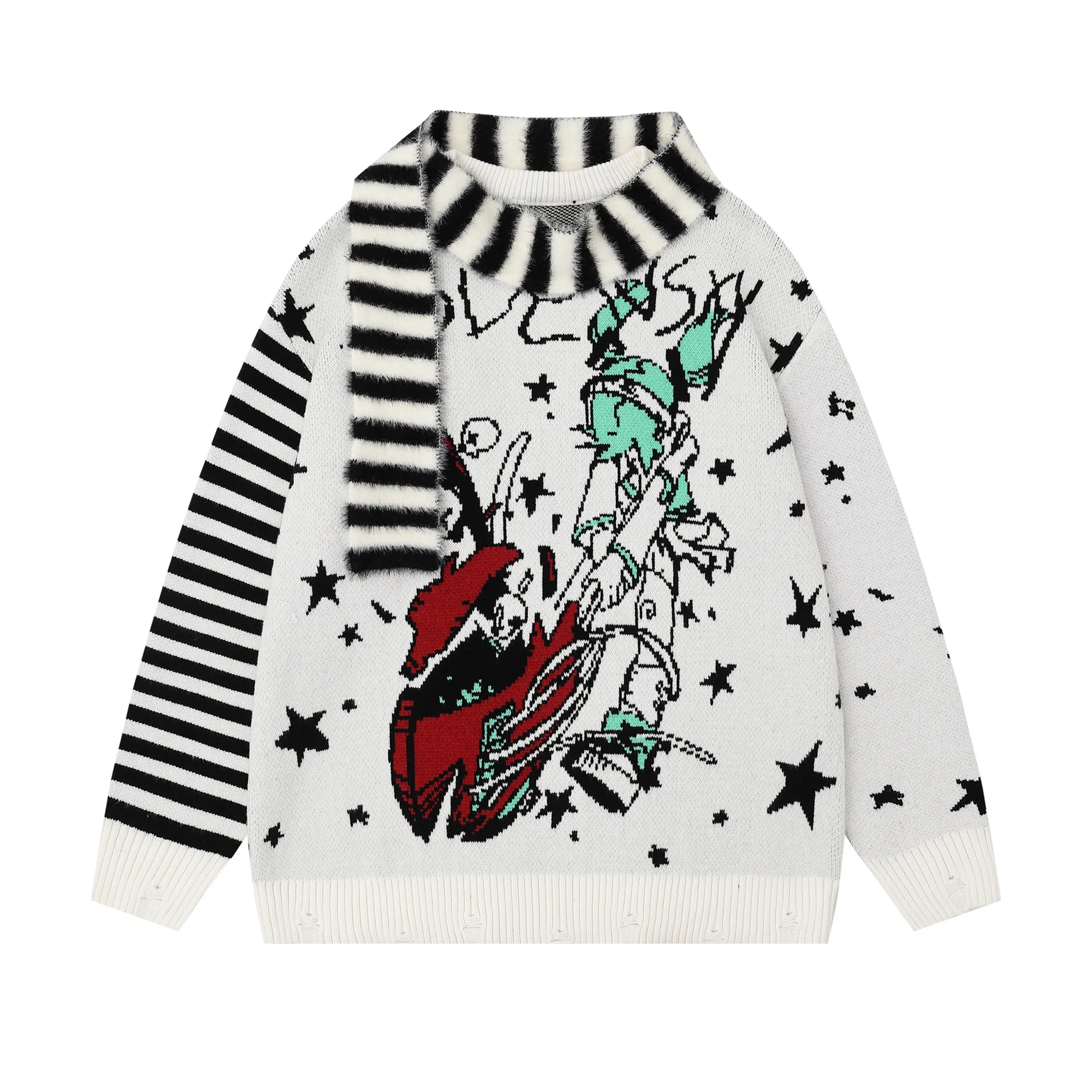 

Японский черно-белый вязаный свитер в стиле ретро с шарфом осенью и зимой, свободный свитер в стиле Харадзюку с ленивым мультяшным аниме