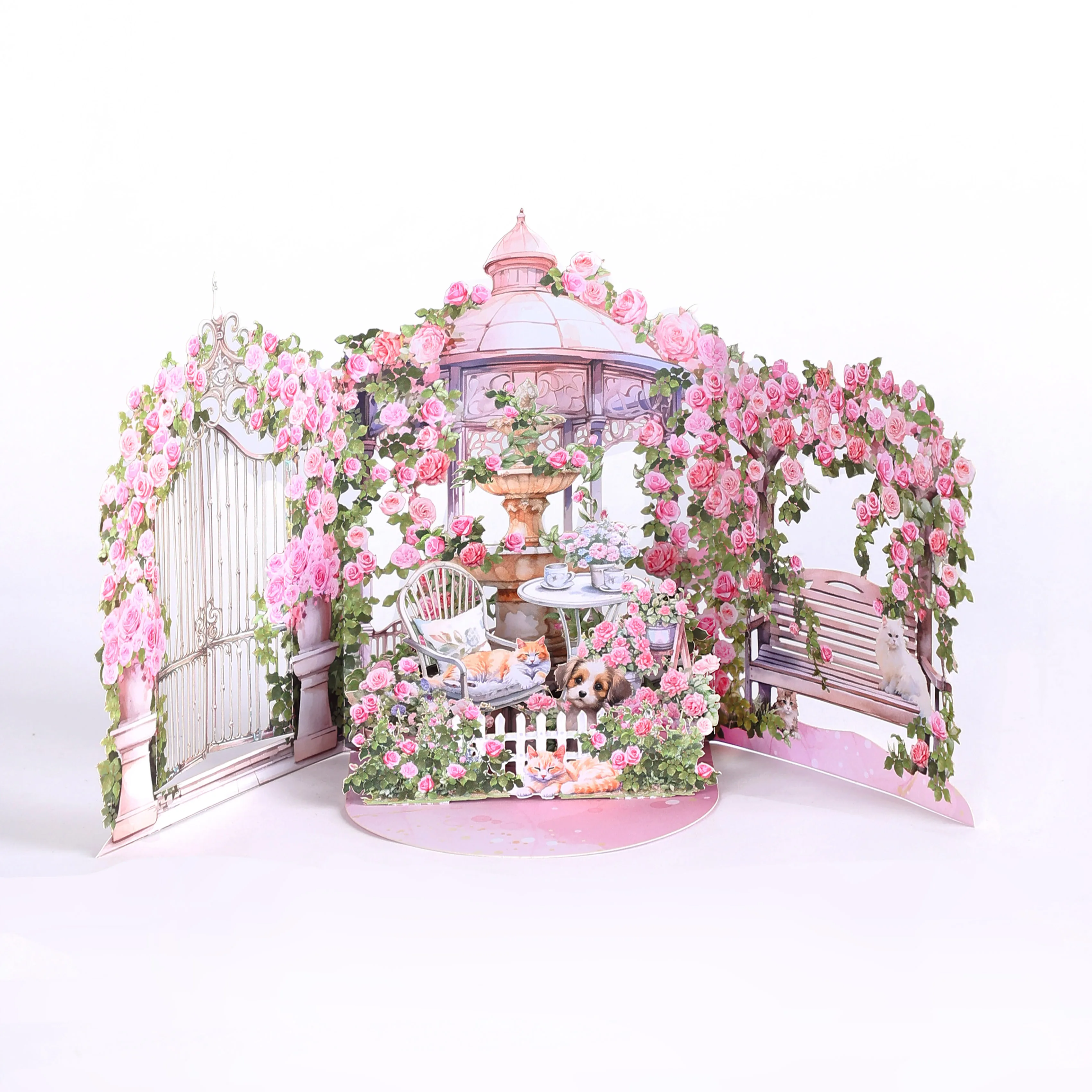 Pink Rose Garden pop-up greeting card, birthday anniversary gift for your lover mother teacher, Spring comfortable cozy kitten