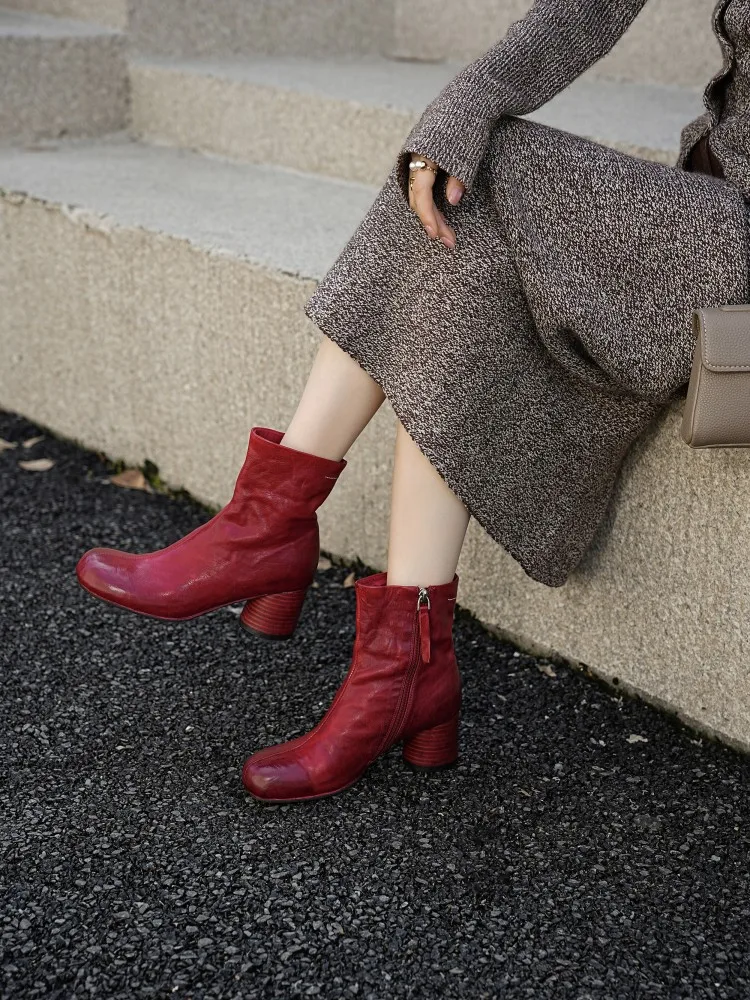 Work Ladies High Quality Horsehide Ankle Length Boots Retro Female High Heels Block Heel Footwear Genuine Leather High Top Shoes