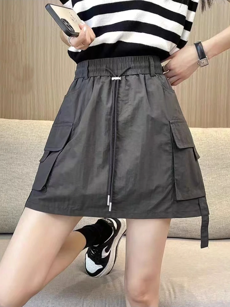 Solid Slim Lace-Up Pockets Casual Mini Skirt Summer Kawaii Office Lady Skirts Spring Korean Fashion Black Faldas Womens Clothing