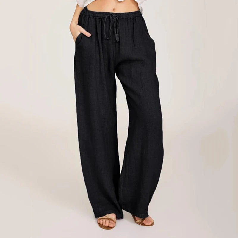 We.Fine-pantalones de pierna ancha de lino y algodón para mujer, pantalones casuales de longitud completa, sólidos, sueltos, de cintura alta, rectos, otoño