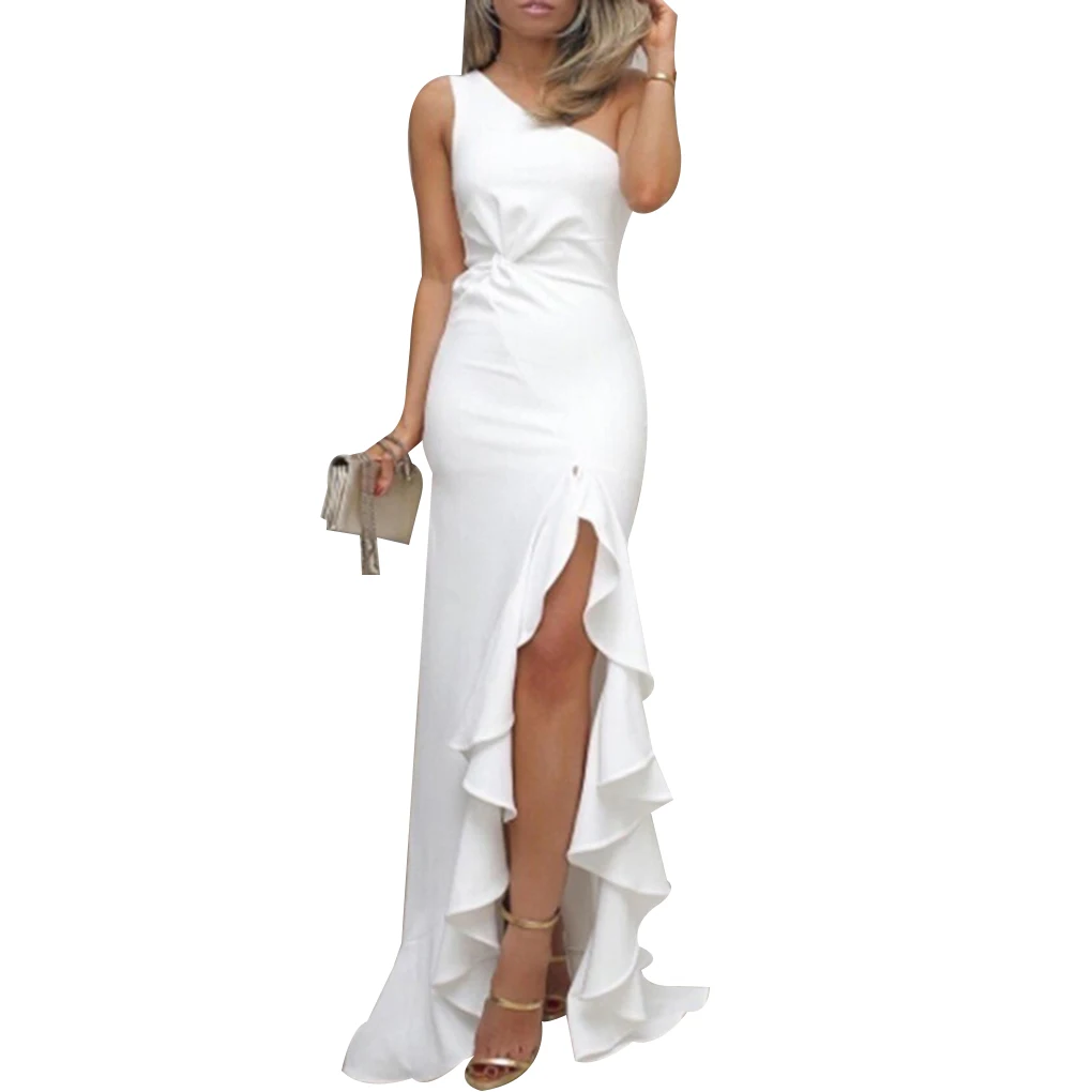 斜め肩の無地ドレス ノースリーブ ハイ スリット パーティードレス 大きな裾 フリル付き