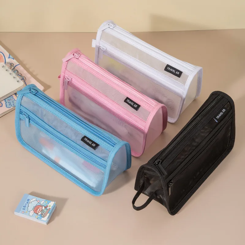 Simple Visible Mesh Makeup Brushes Storage Bag Large Capacity Students Stationery Organizer Bags Colored Nylon Mesh Pencil Case image 2