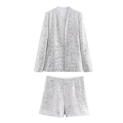 UNIZERA2024 Summer New Women's Style Versatile Bead Decoration Suit Coat Side Zipper Decoration Sequin Shorts Set