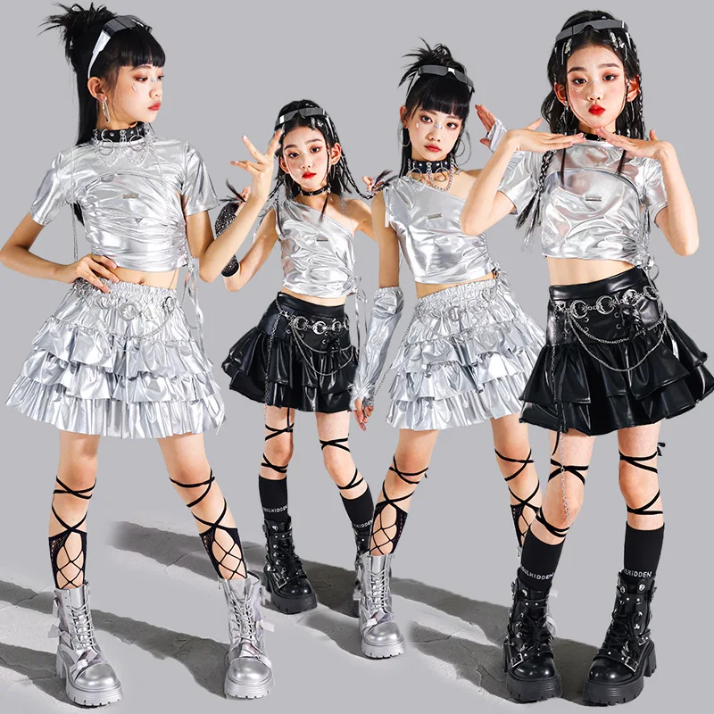Jazz Kpop Dance Costume Girls Silver Crop Top Pleated Skirt Set Fashion Runways Show Outfit Kids Street Cool Streetwear