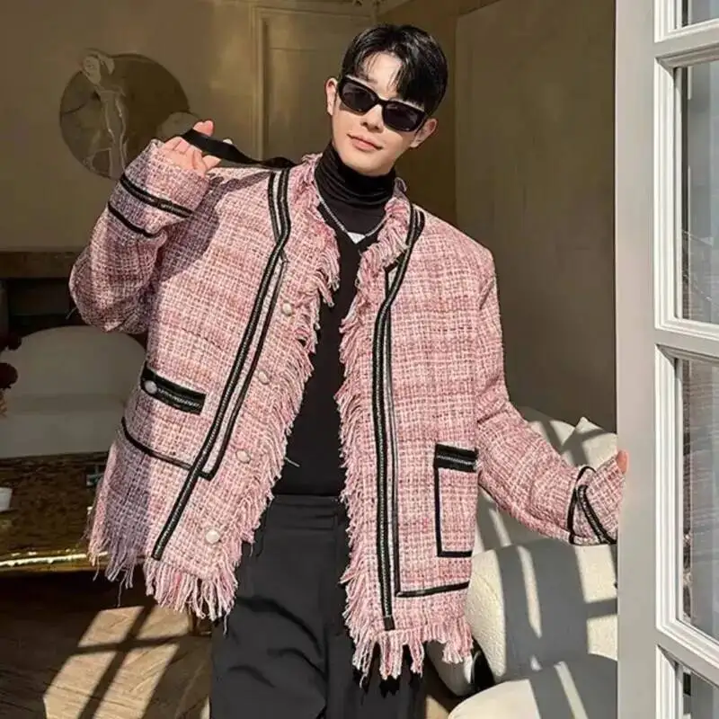 Niche Design Men's Jackets Round Collar Contrast Color Plaid Design Single Breasted Raw Edge Loose Male Coats New 9W8LTU