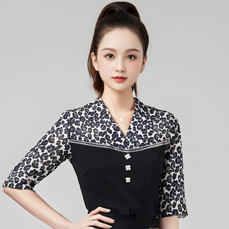 Adultes manches courtes haut de danse latine femmes vêtements de danse moderne femme léopard salle de bal haut de danse vêtements de pratique DW10811