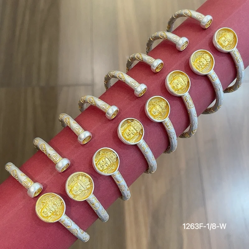 

Silver 999.9 Gold-Plated Zodiac Yellow Wealth Round Solid Open Bracelet Buddha Auspicious Ring