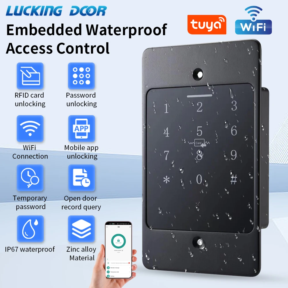 Tuya Wifi Standalone Access Control RFID Keypad Metal IP67 Waterproof Backlight Opener Embedded installation Concealed in Wall