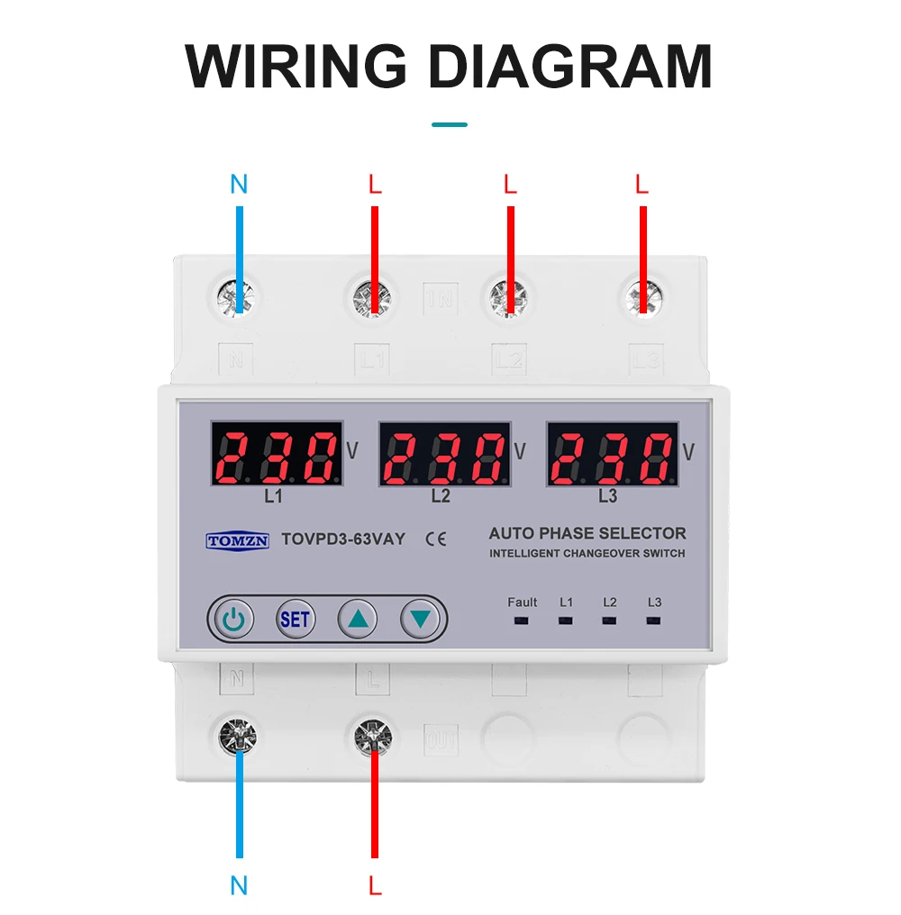 63A 3 phase 3P+N Din rail phase selector Voltmeter adjustable Over and Under Voltage protection Monitor Relays Protector