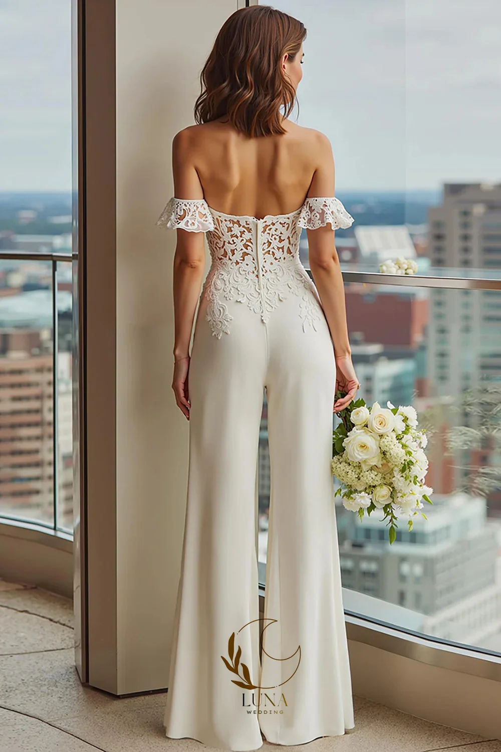 Luna Customized Lace Off the Shoulder Bridal Jumpsuits Sweetheart Off the Shoulder Boho Bride's Wedding Outfit Backless