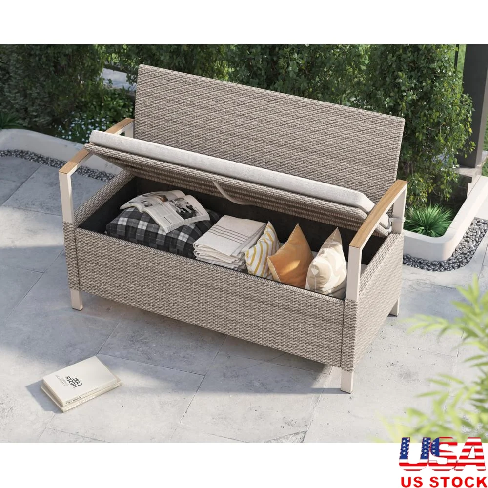 

Outdoor Cushion Storage Bench with Water Resistant Bag Wicker Deck Box Front Porch Garden Courtyard Ample Storage Space Cushions