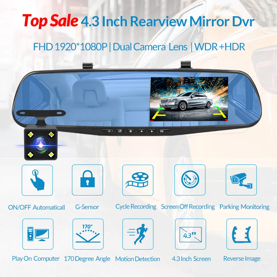 Cámara de salpicadero para espejo retrovisor de coche, videocámara FHD 4,3 de 1080P pulgadas, doble lente, DVR, grabadora de vídeo, caja negra