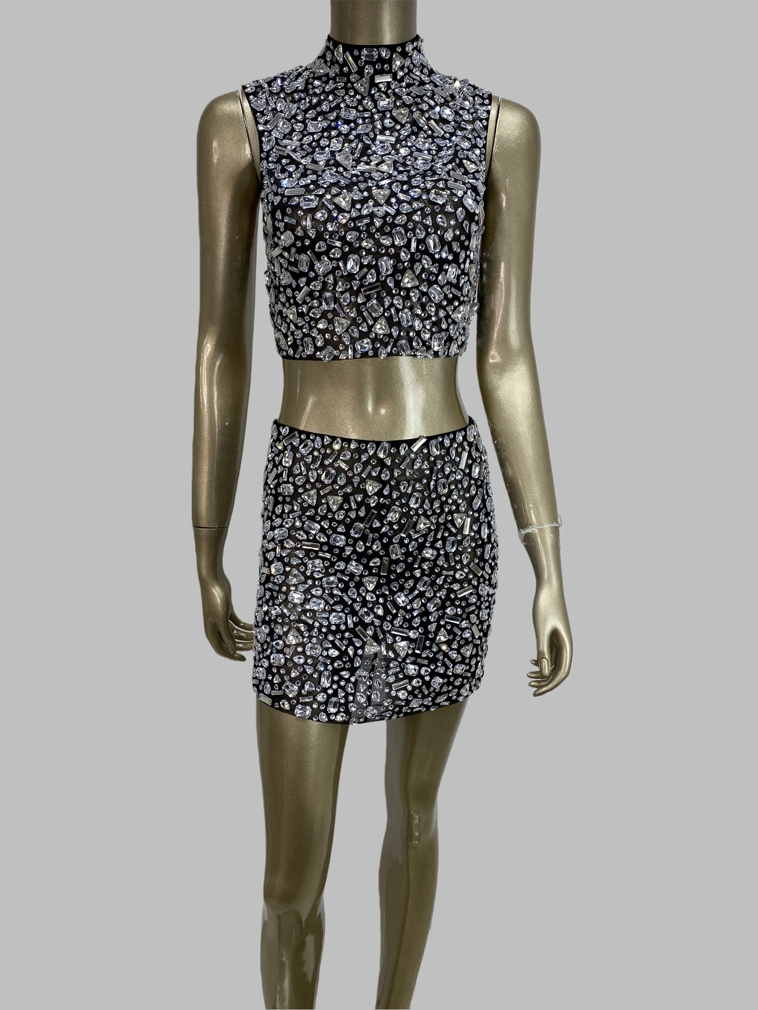 

Women Luxury Evening Club Party Outfits Sexy Bright Rhinestones Black Mesh Backless Tops Mini Skirt Two Pieces Sets Nightbar