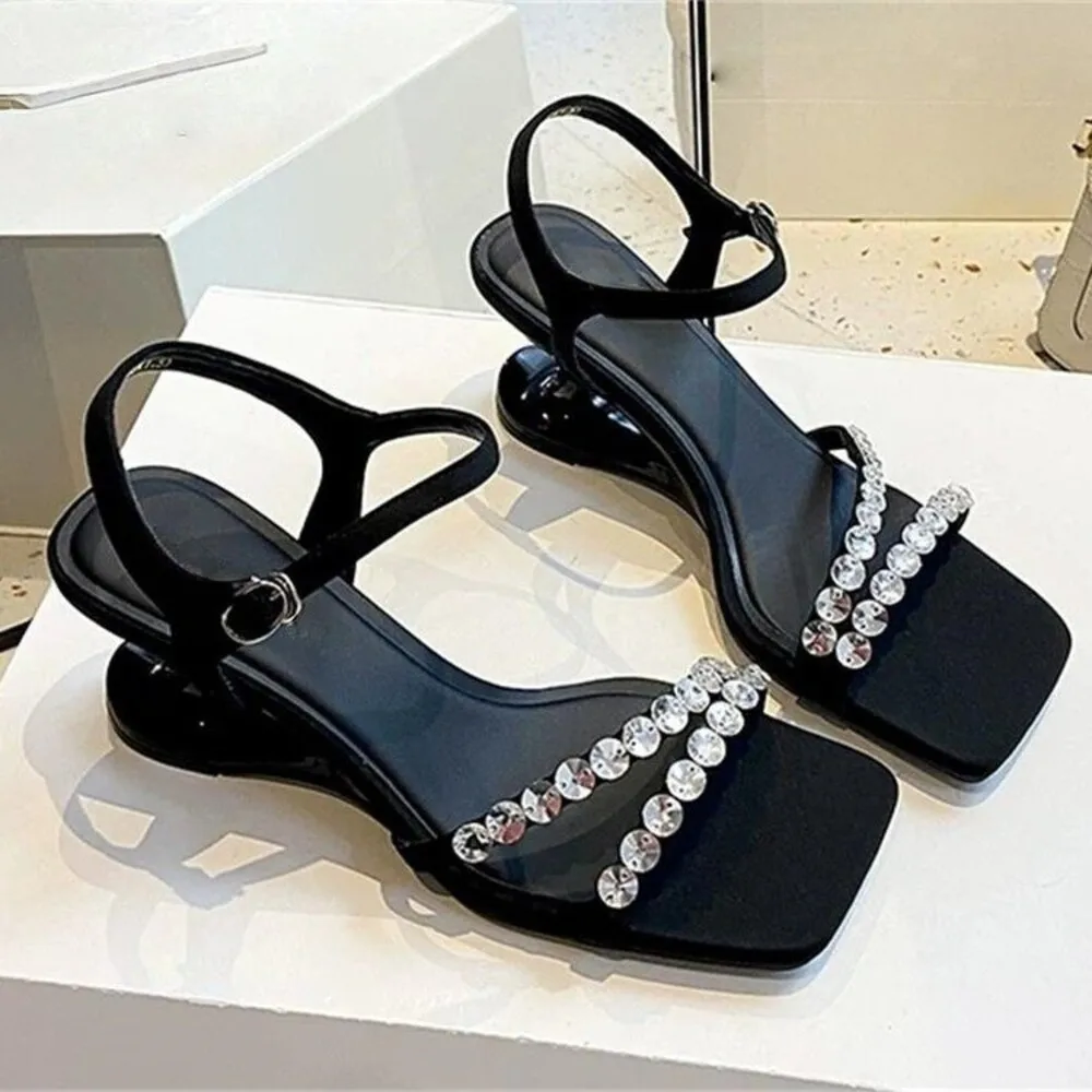 

Women's Crystal Strap Square Toe Sandals, Unique Shaped Heel Slingback Sandals, Elegant Party Shoes in Black/Silver