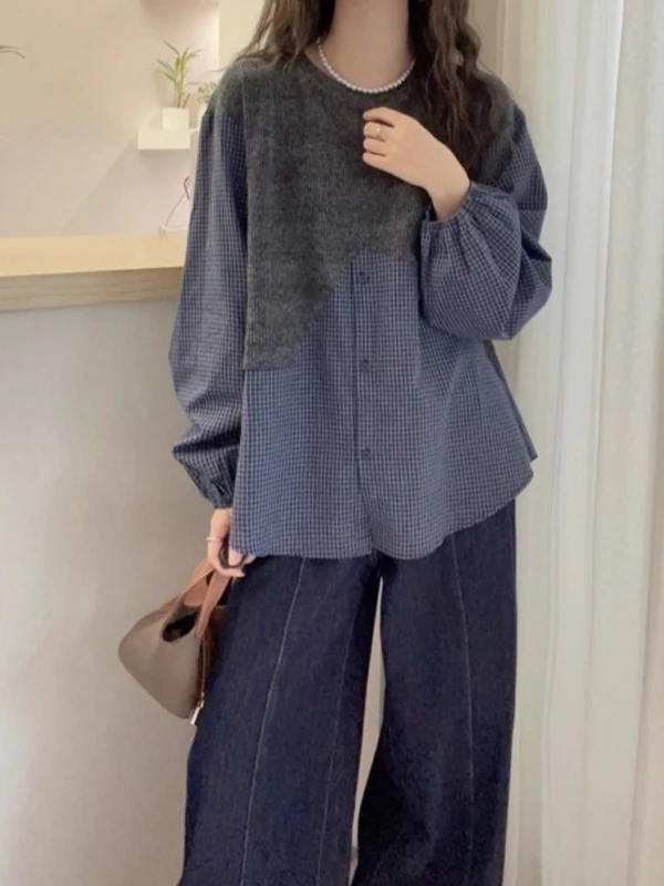 

Вязаная рубашка в клетку с пэчворком, размер 300 Pou, с рукавами-фонариками, весна-осень, в корейском стиле, для мужчин и женщин, повседневная, с длинными рукавами, руно-киттеншер, руно-шерсть.