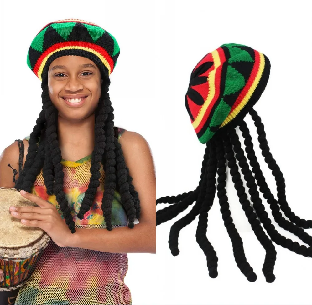 

Fancy Long Braid Knit Hat Synthetic Wig Cap African Jamaican Beanie Dreadlocks Wig Caribbean Pirate Halloween Cosplay Headwear