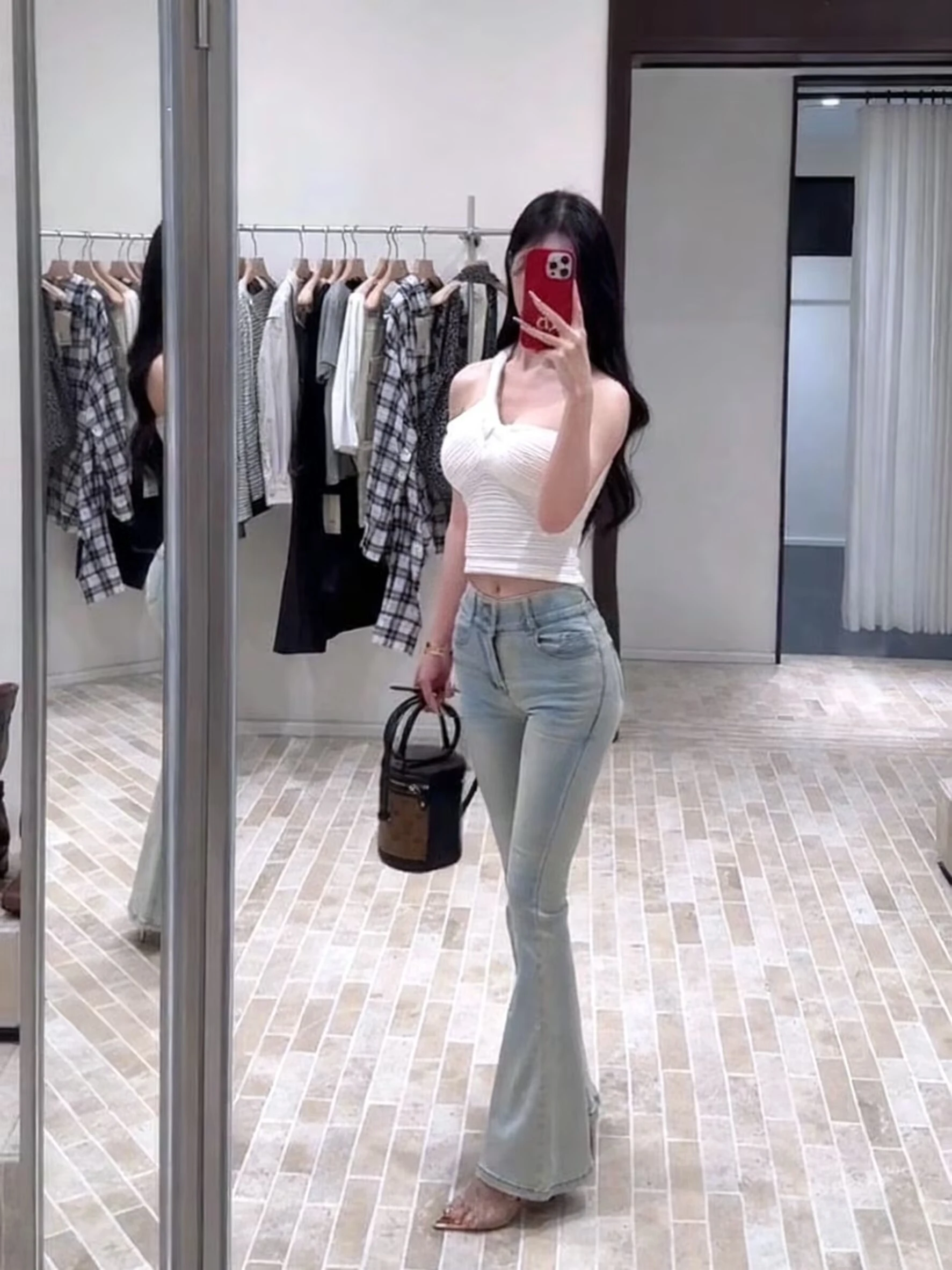 

High Waist Bell Bot Jeans Women's Elastic Slimming Fit Casual Cotton Stretch Denim Double Bule Blue Jeans Ladies