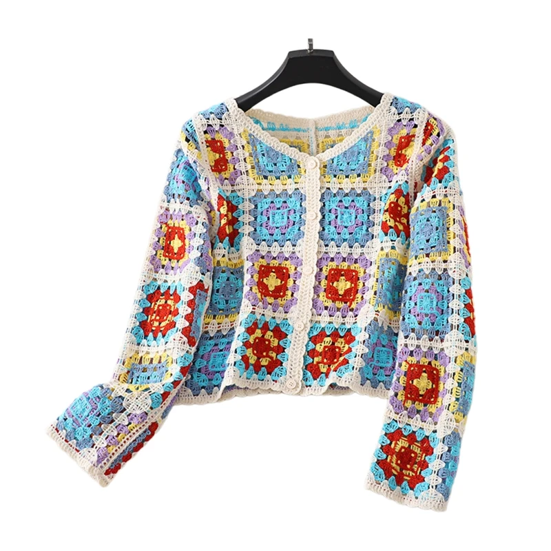 Feminino outono manga longa crochê cardigan étnico oco malha colorido padrão geométrico botão para baixo camisola casaco para