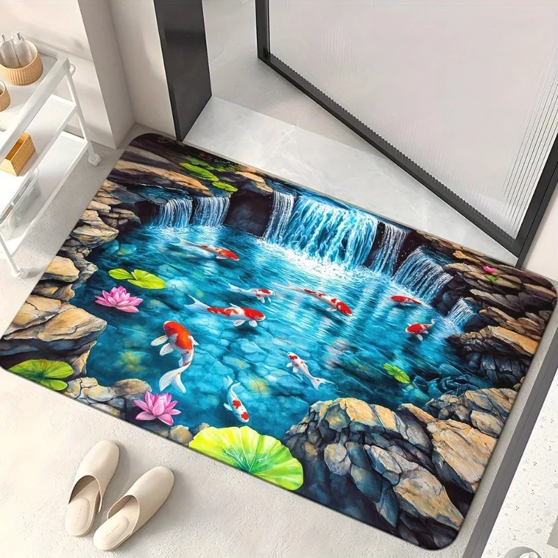 2D Koi Fish Waterfall Lotus Carpet Soft Non-Slip Corridor Decor Rug Oriental Style Pond Scene Entrance Doormat for Living Room