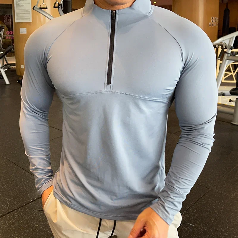 High Quality Quick Dry Mens Sports T-Shirt Sportswear Long Sleeve Running Gym Clothing Fitness Compression Shirt Zip Pullover