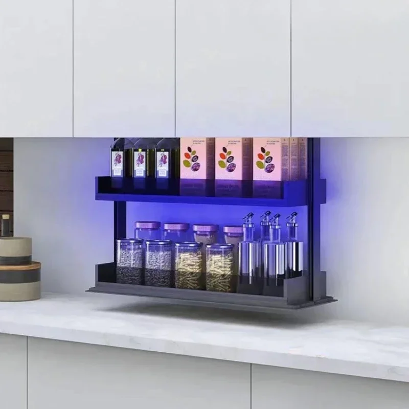 Smart electric wall cabinet lifting spice rack pull basket kitchen cabinet vertical pull down corner shelf snack basket