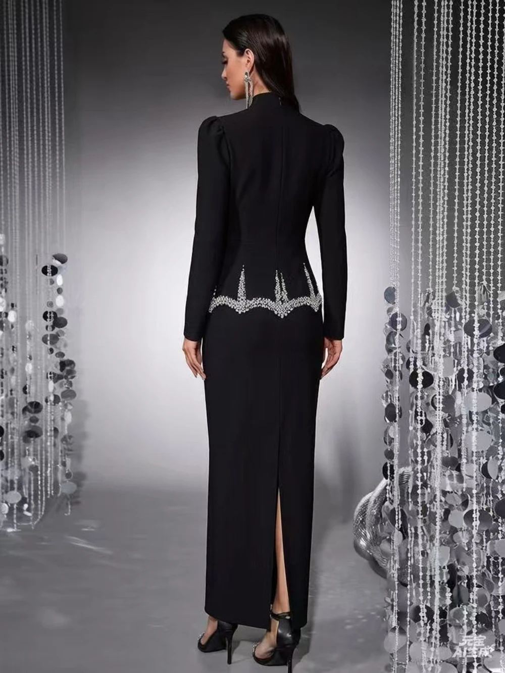 European And American Black New Long Sleeved Pearl Rhinestone Bandage Top Long Skirt Fashionable And Elegant Two-Piece Set
