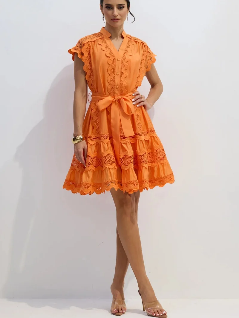 Fashion Hook Flower Hollow Mesh Splice Dress Summer Clothing Women Sleeveless Button Up Mini Dresses Holiday Evening Party Dress