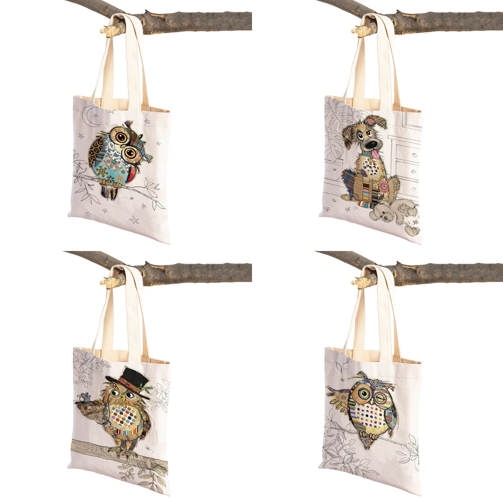 Casual Cartoon Animal Art Women Shopping Shoulder Bag Monkey Elephant Cat Dog Canvas Foldable Reusable Cloth Lady Tote Handbag