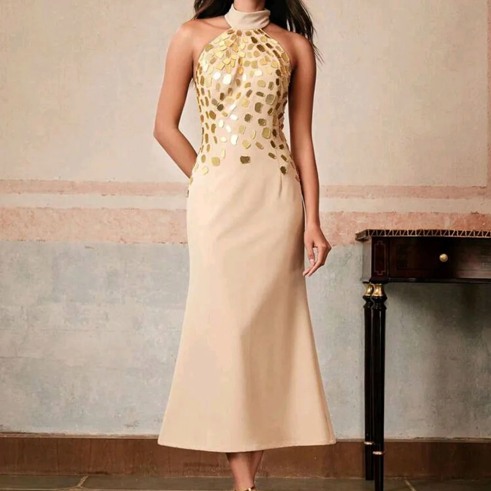 

Customized A-line Evening Dresses Tea-length High-neck Sleeveless Prom Gown Fashion Sequined Backless Exquisite Party Gown