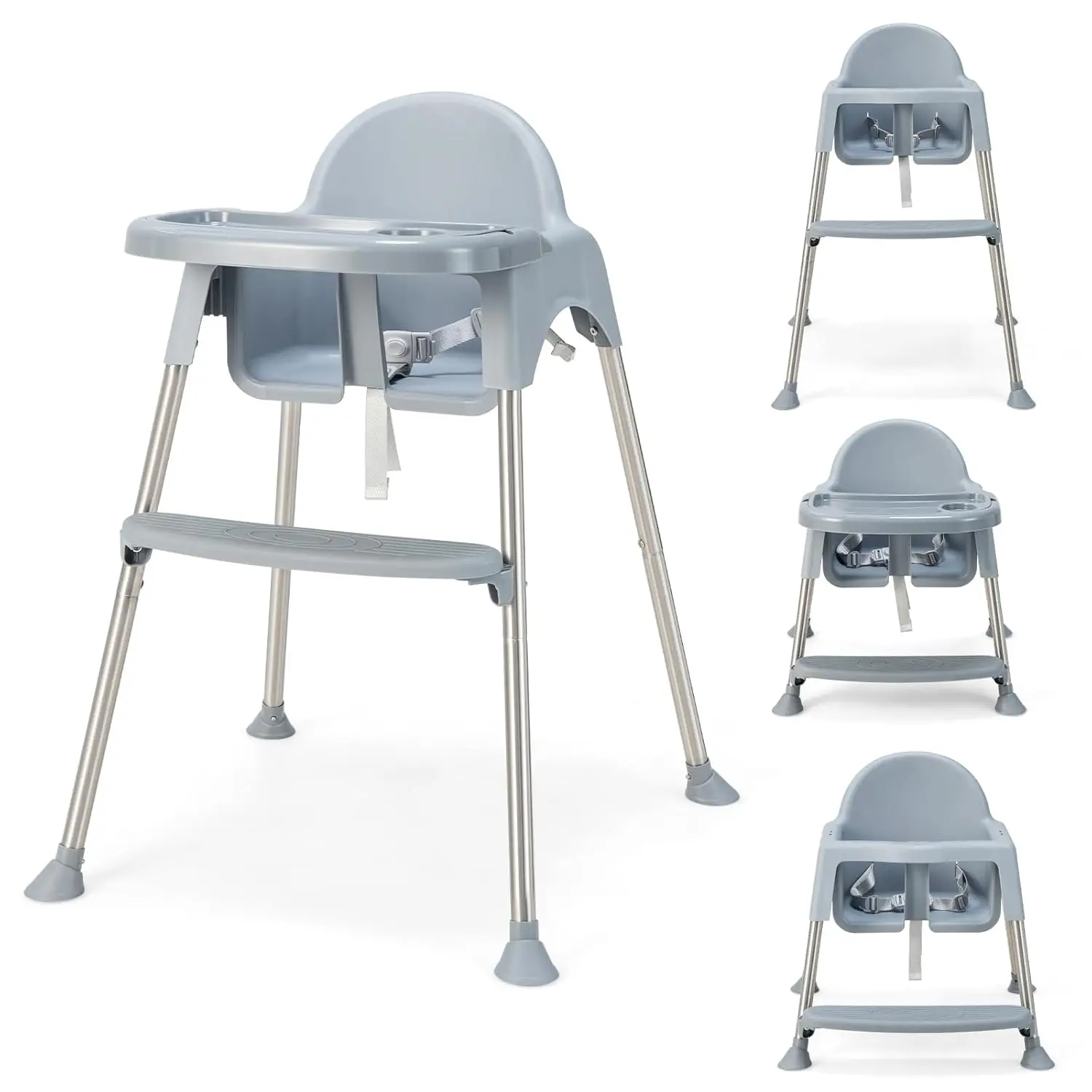 Baby High Chair, 4 in 1 Convertible Highchair for Babies and Toddlers, Adjustable Legs, Double Removable Tray & Footrest,