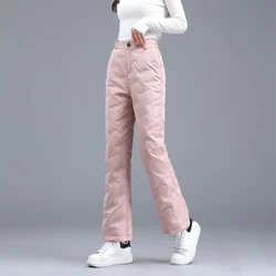 Pink Fleece Lined Straight Leg Thickened Winter down Trousers Women's Fashionable Outerwear High Waist Long Cotton Pants