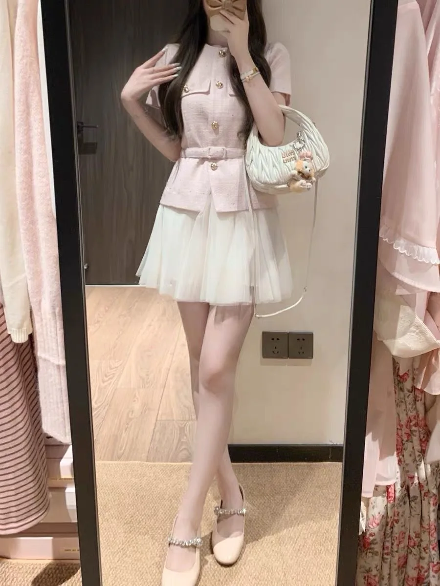 Capispalla estivo sottile Ele Pink Gonna gonfia in tulle a vita alta Set in due pezzi Chiusura con bottoni Sle Or Sve di lusso