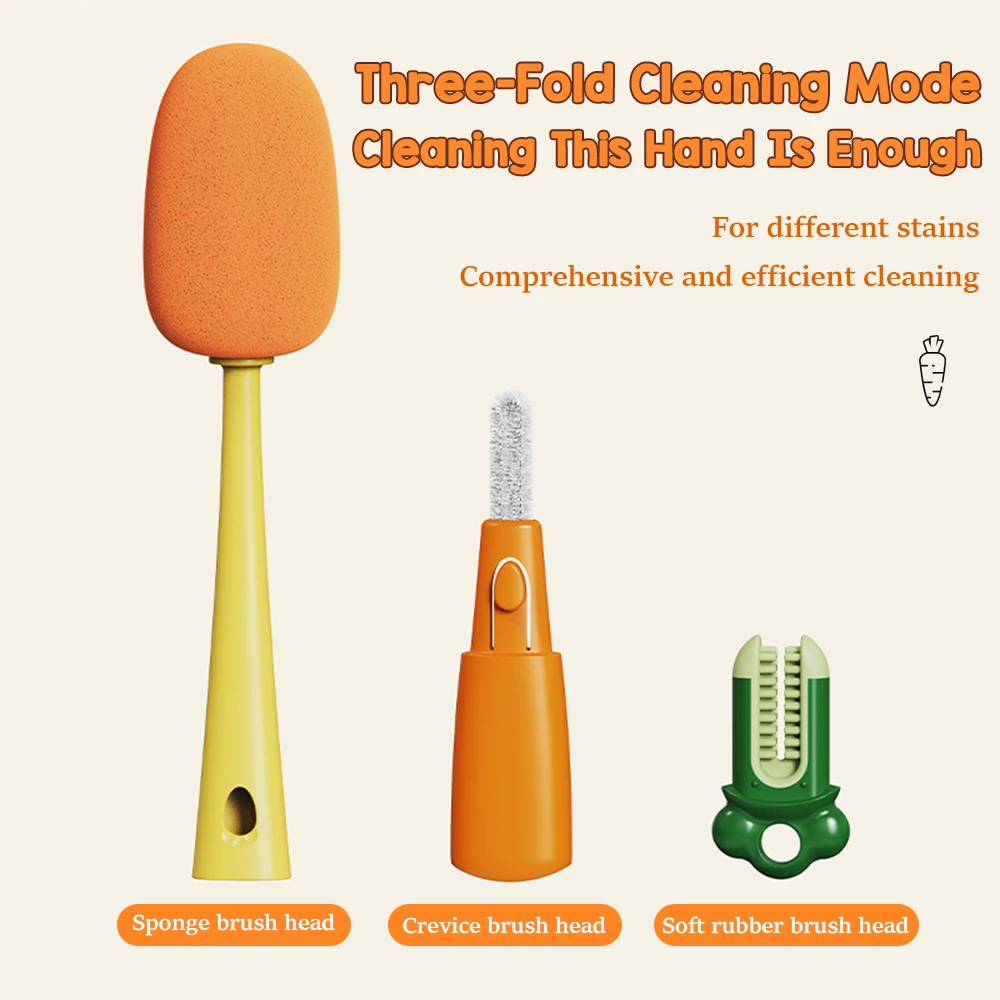 3 In 1 Bottle Cleaning Brush Sponge Bottle Gap Cleaner Long Handle Cup cleaner For Mug Bottle Cover Kitchen Cleaning Tool