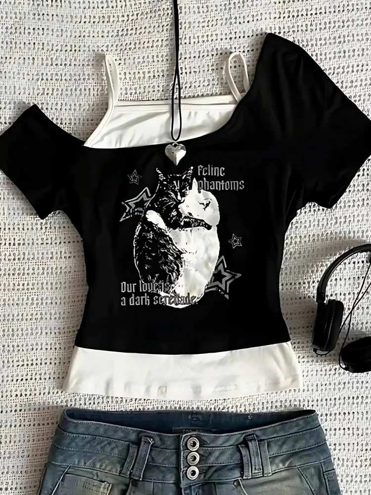 تي شيرت الجرونج القوطي الكلاسيكي للسيدات تصميم هاراجوكو الجمالي مطبوع Y2k ملابس صيفية عصرية ملابس خروج قصيرة الأكمام جديدة