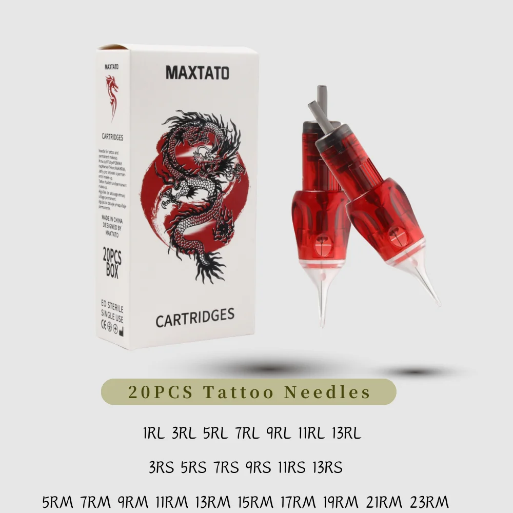 MAXTATO 20Pcs/Box SMP Red Tattoo Cartridge Needles RS RL RM Makeup Permanent With Membrane Cartridges Disposable Tattoo Needles